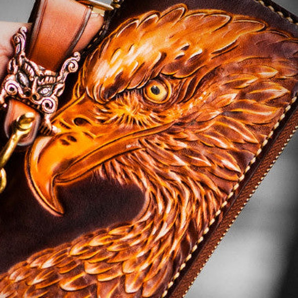 Handmade leather eagle Tooled biker chain wallet long wallet leather men