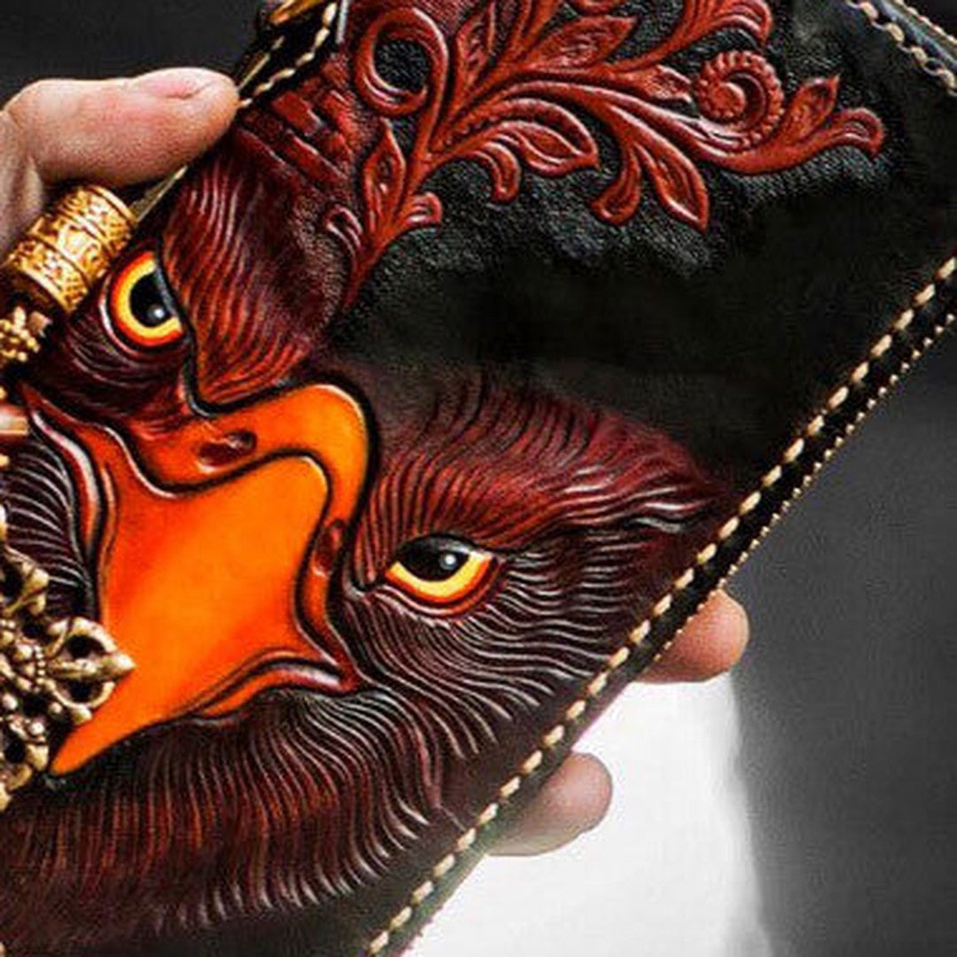 Handmade mens brown leather eagle biker chain wallet leather long wallet