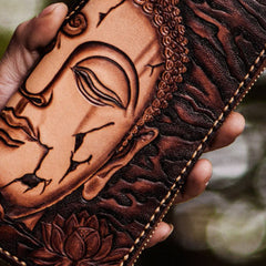 Handmade leather Sakyamuni biker wallet clutch zip long wallet black leather men phone