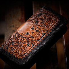 Handmade leather brown black floral skull carved biker wallet bifold long wallet for men