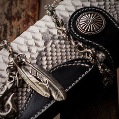 Handmade biker wallet black white leather boa snakeskin biker wallet Long wallet for men