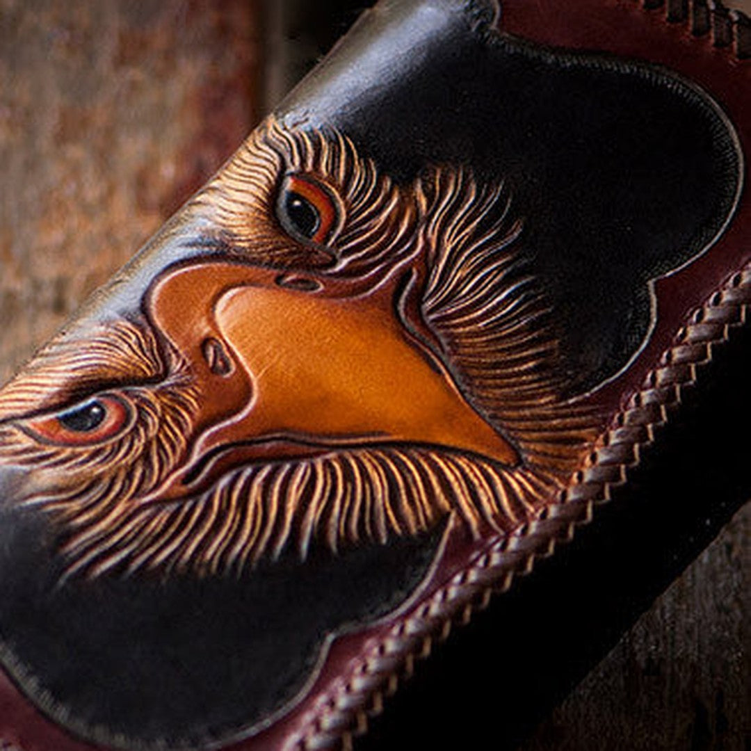 Handmade biker wallet black brown leather eagle carved biker wallet bifold long wallet for men