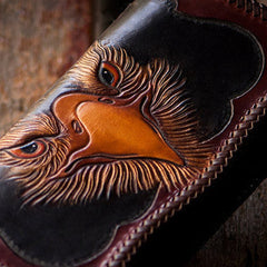 Handmade biker wallet black brown leather eagle carved biker wallet bifold long wallet for men