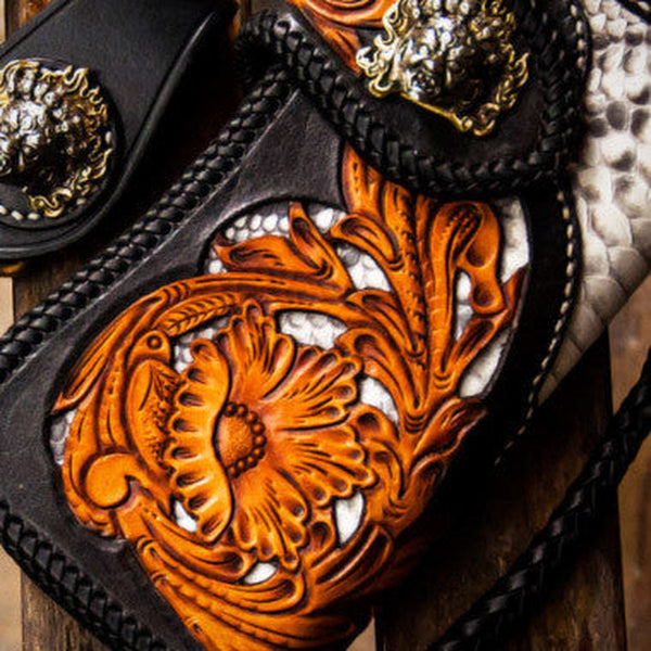 Handmade leather biker trucker wallet black floral leather chain men Carved Tooled wallet