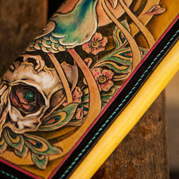 Handmade leather long tooled wallet yellow skull peacock men clutch wallet