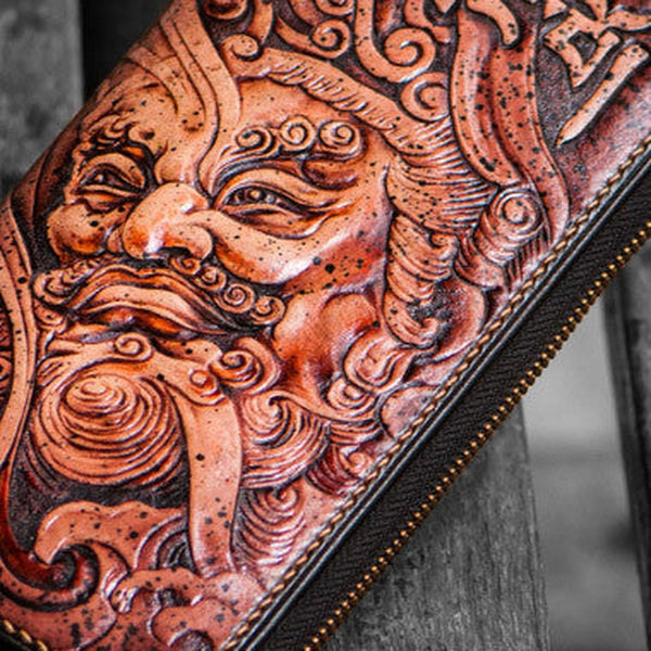 Handmade leather Sea God biker wallet clutch zip long wallet brown leather men Tooled