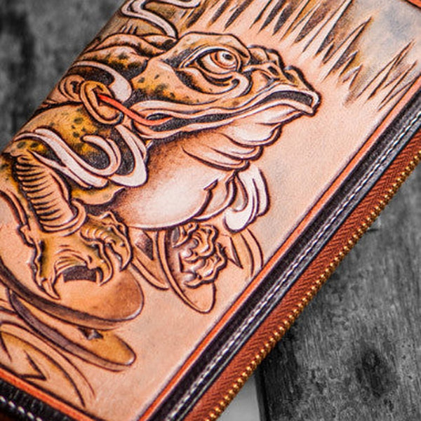 Handmade leather brown toad biker wallet clutch zip long wallet brown leather men Tooled