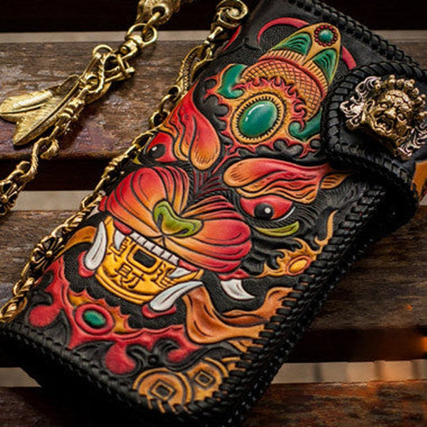 Handmade leather biker trucker wallet monster leather chain men Black Carved Tooled wallet