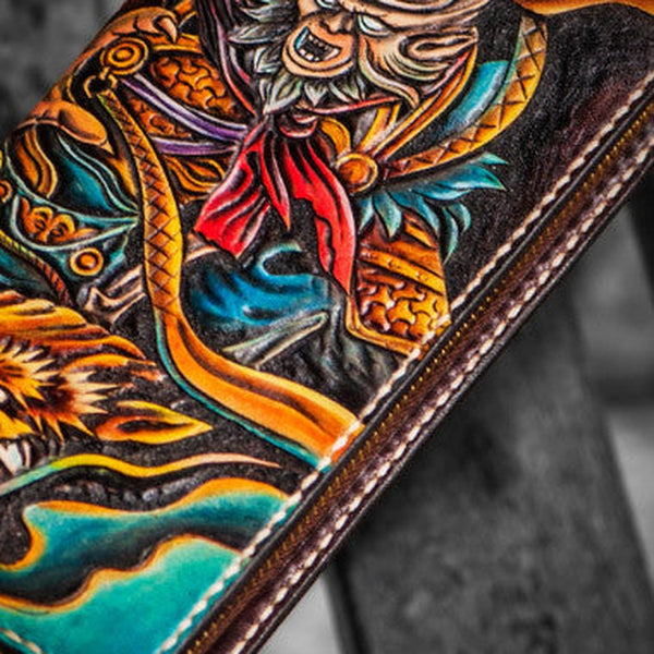Handmade leather black monkey king biker wallet clutch zip long wallet brown leather men Tooled