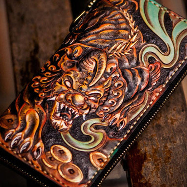 Handmade leather mythical wild animal biker wallet long wallet black leather men phone