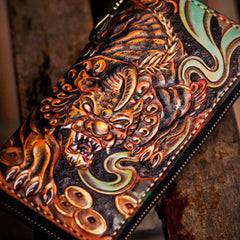 Handmade leather mythical wild animal biker wallet long wallet black leather men phone