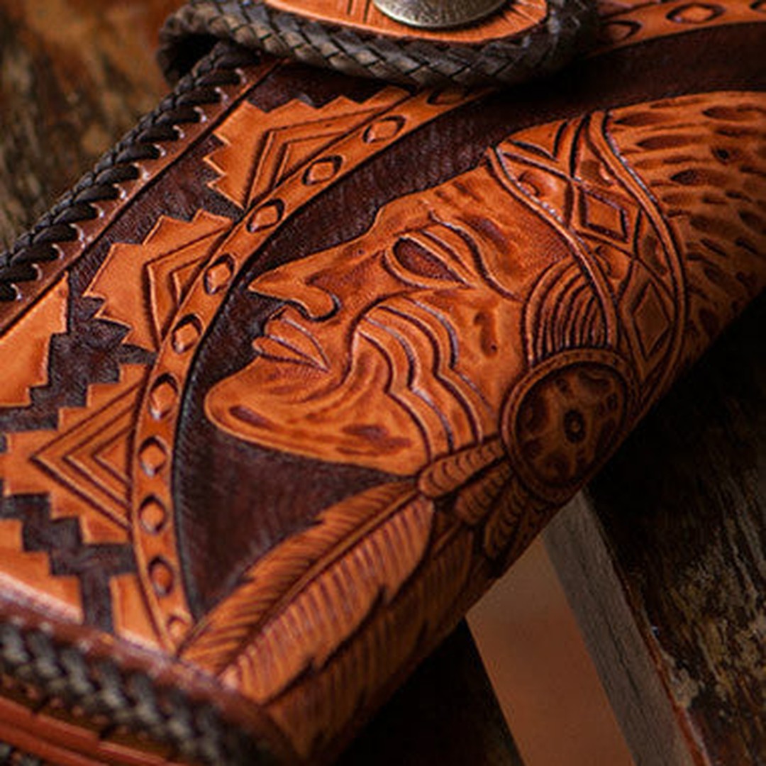 Handmade brown coffee leather indian carved biker wallet bifold long wallet for men
