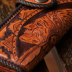 Handmade brown coffee leather indian carved biker wallet bifold long wallet for men
