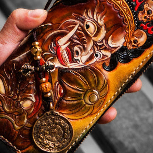 Handmade leather God Mahakala clutch zip long wallet black leather men Tooled
