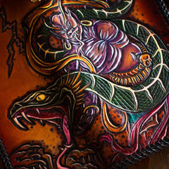 Handmade leather biker trucker wallet leather chain men Snake Brown Carved Tooled wallet
