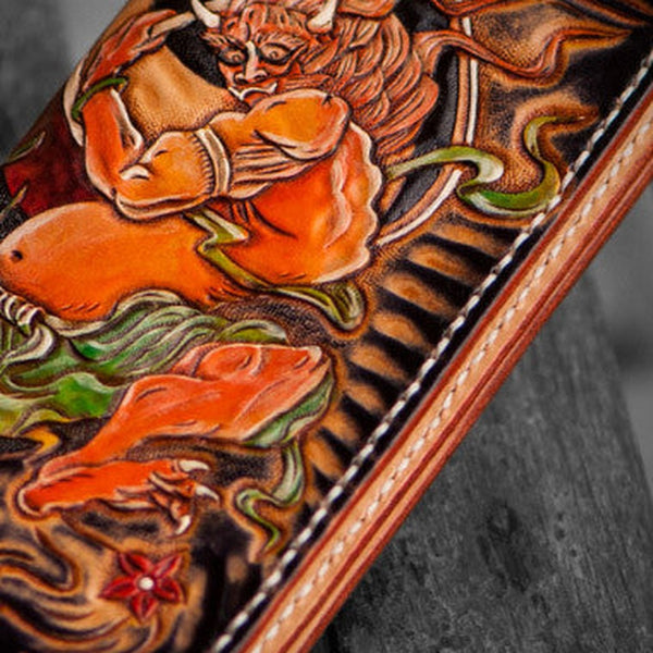 Handmade leather long tooled wallet black Thor men Carved Tooled wallet