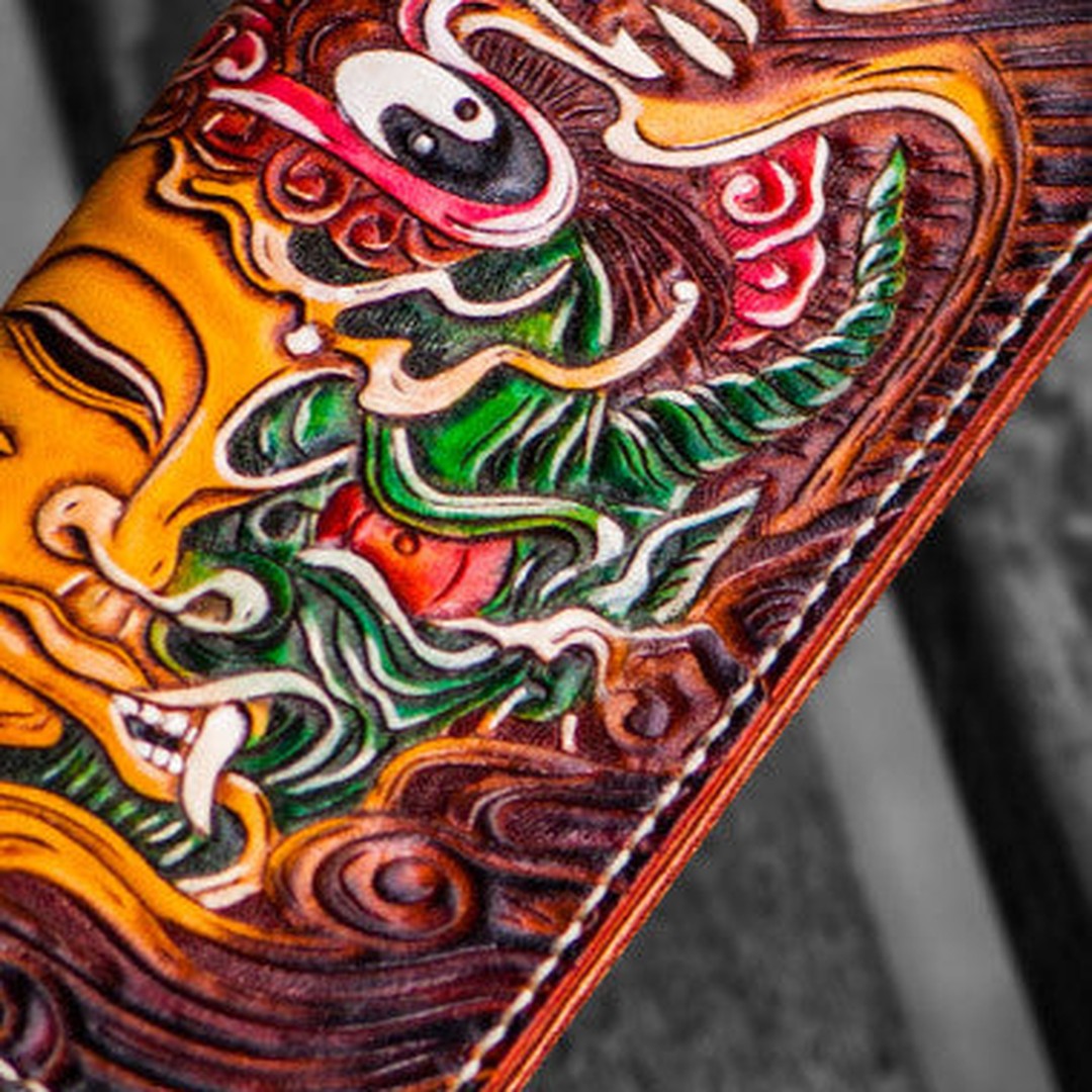 Handmade leather long tooled wallet Brown Buddha devil men clutch wallet
