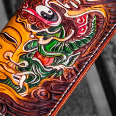 Handmade leather long tooled wallet Brown Buddha devil men clutch wallet
