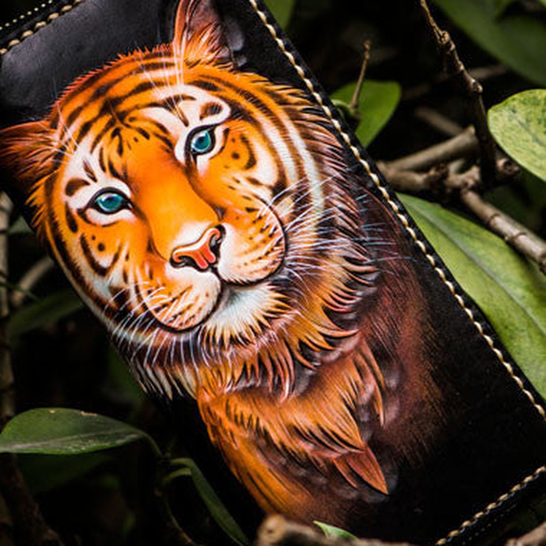 Handmade leather tiger biker wallet long wallet black leather men phone