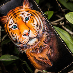 Handmade leather tiger biker wallet long wallet black leather men phone