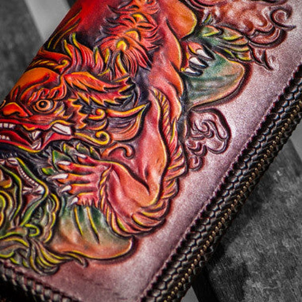 Handmade leather Tonlion clutch zip long wallet black leather men Tooled