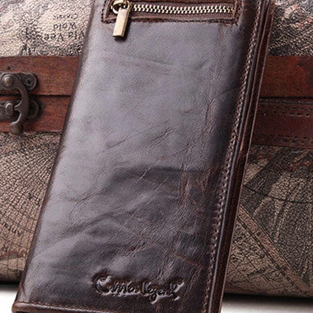 Handmade Vintage Bifold Coffee Men Leather Long wallet clutch purse For Men
