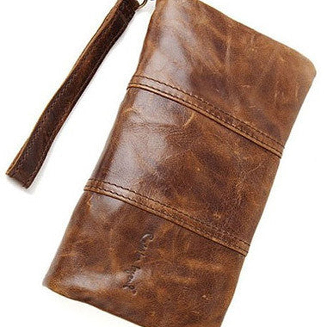 Handmade Vintage Bifold Coffee Leather Long wallet clutch bag For Men Zipper holder