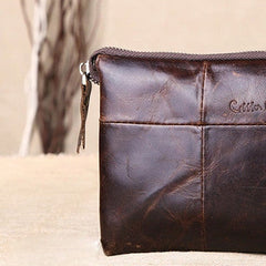 Men Leather clutch Vintage Bifold Dark Coffee Long wallet men leather zip clutch bag