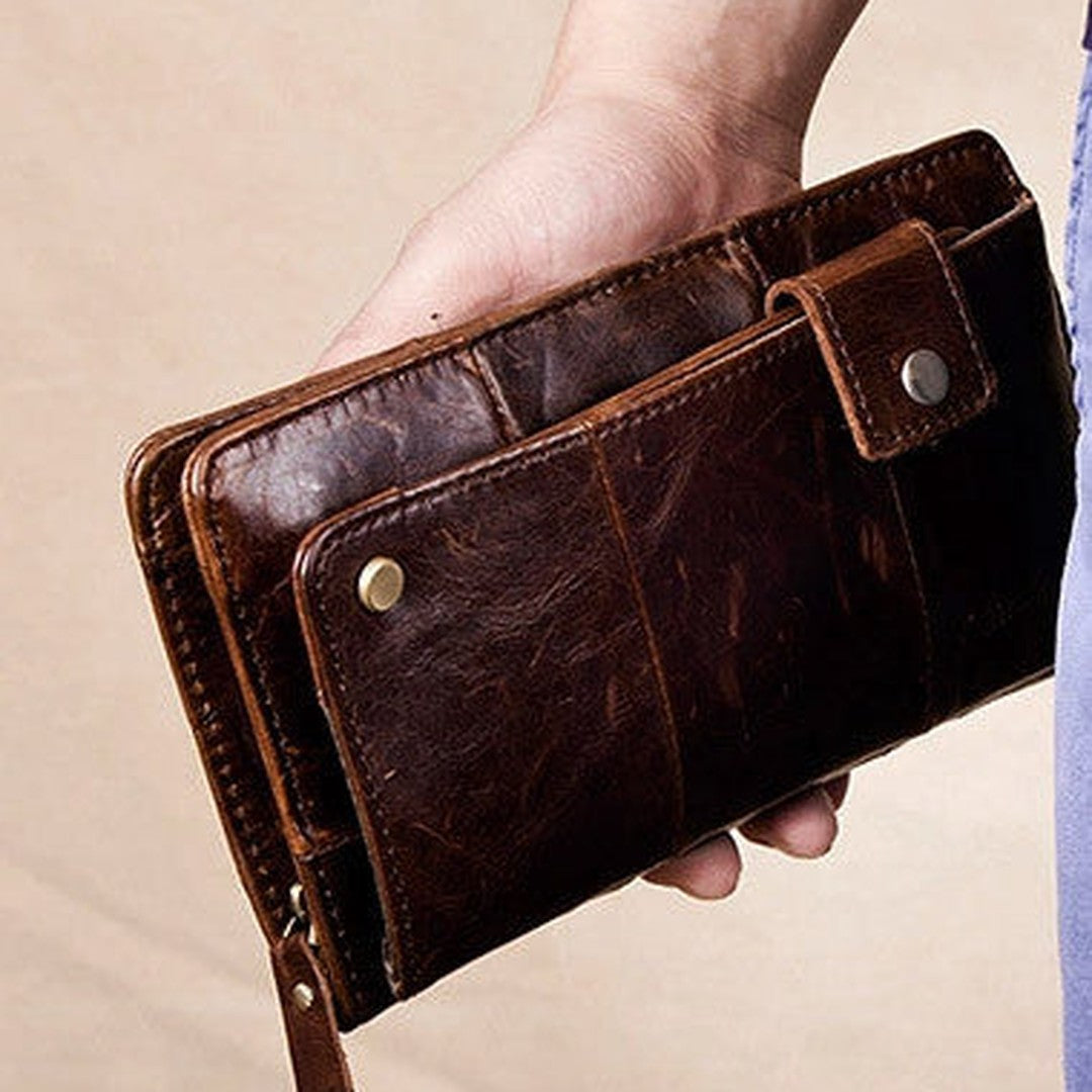 Men Leather clutch Vintage Bifold Black Long wallet men leather zip clutch bag