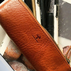 Genuine Leather Cute Pen Pencil Makeup Holder Case Pouch For Women Girl