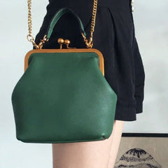 Handmade Genuine Leather Vintage Frame Kisslock Handbag Chain Crossbody Bag Shoulder Bag Women Leather Purse