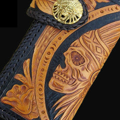 Handmade black yellow leather indian skull carved biker wallet Long wallet clutch for men