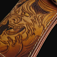 Handmade brown coffee leather prajna carved biker wallet Long wallet clutch for men