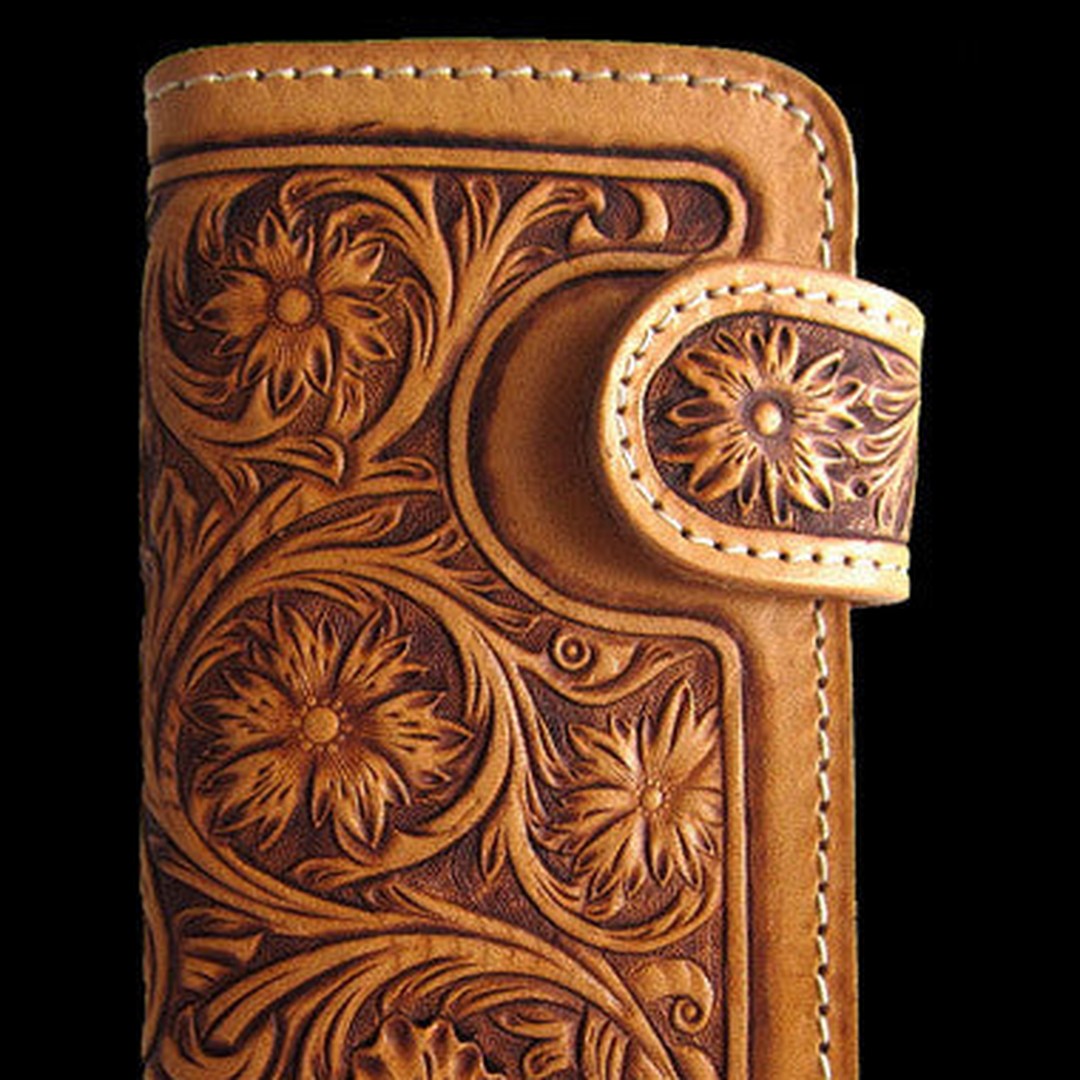 Handmade brown beige leather floral carved biker wallet Long wallet clutch for men