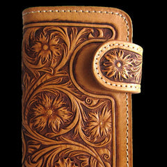 Handmade brown beige leather floral carved biker wallet Long wallet clutch for men