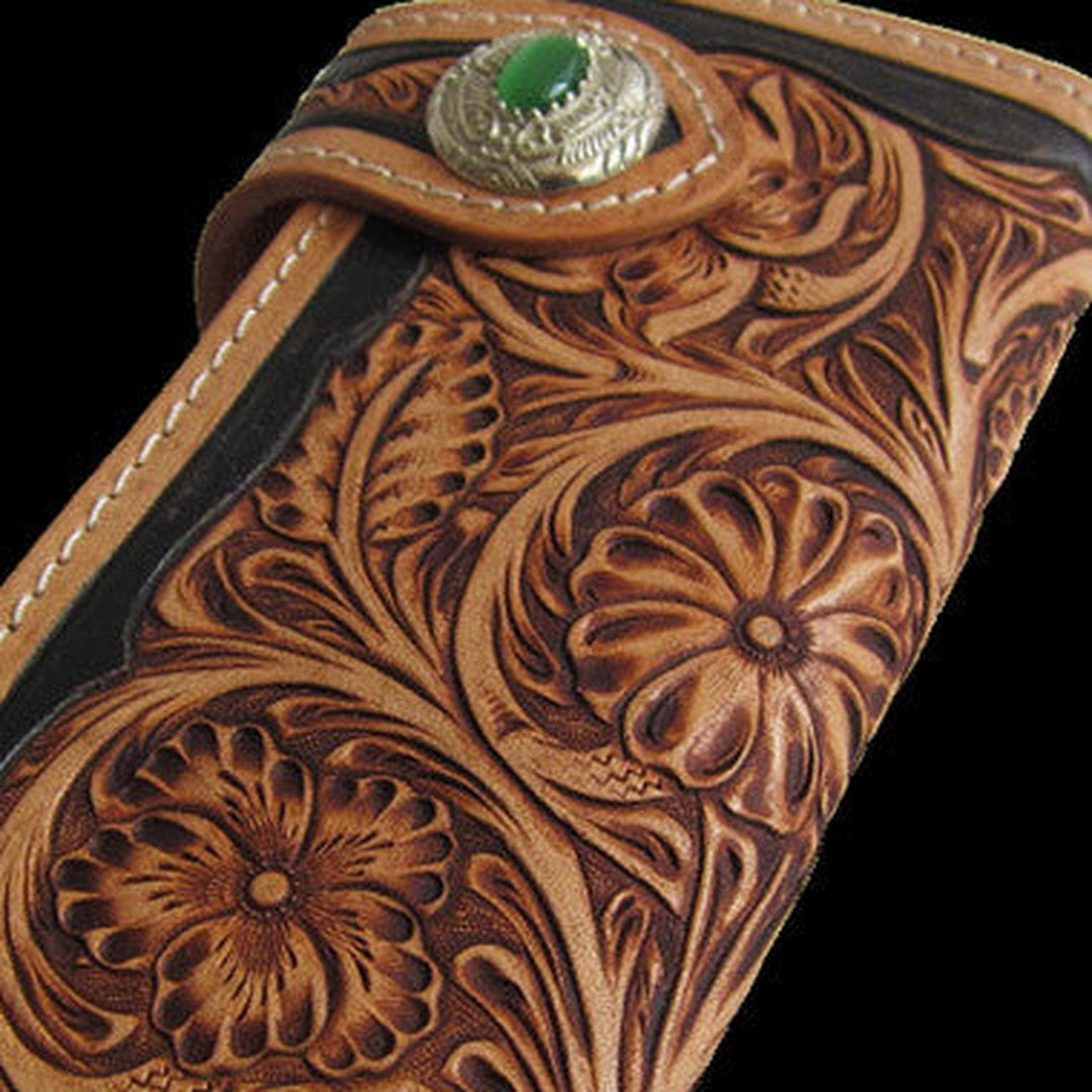 Handmade black tan leather floral carved biker wallet Long wallet clutch for men