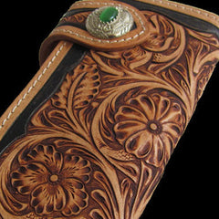 Handmade black tan leather floral carved biker wallet Long wallet clutch for men