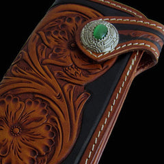 Handmade black coffee leather floral carved biker wallet Long wallet clutch for men