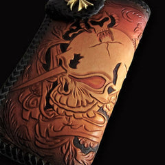 Handmade biker wallet Black Skull leather floral carved biker chain wallet truck wallet