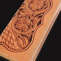 Handmade beige leather floral carved biker wallet Long wallet clutch for men