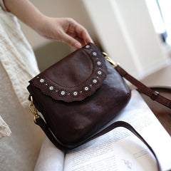 Classic Coffee Leather Small Hollow Flower Shoulder Bag Women Flowers Crossbody Bag for Women