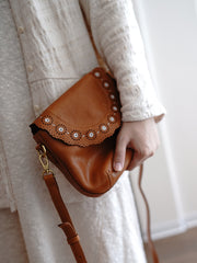 Classic Brown Leather Small Hollow Flower Shoulder Bag Women Flowers Crossbody Bag for Women