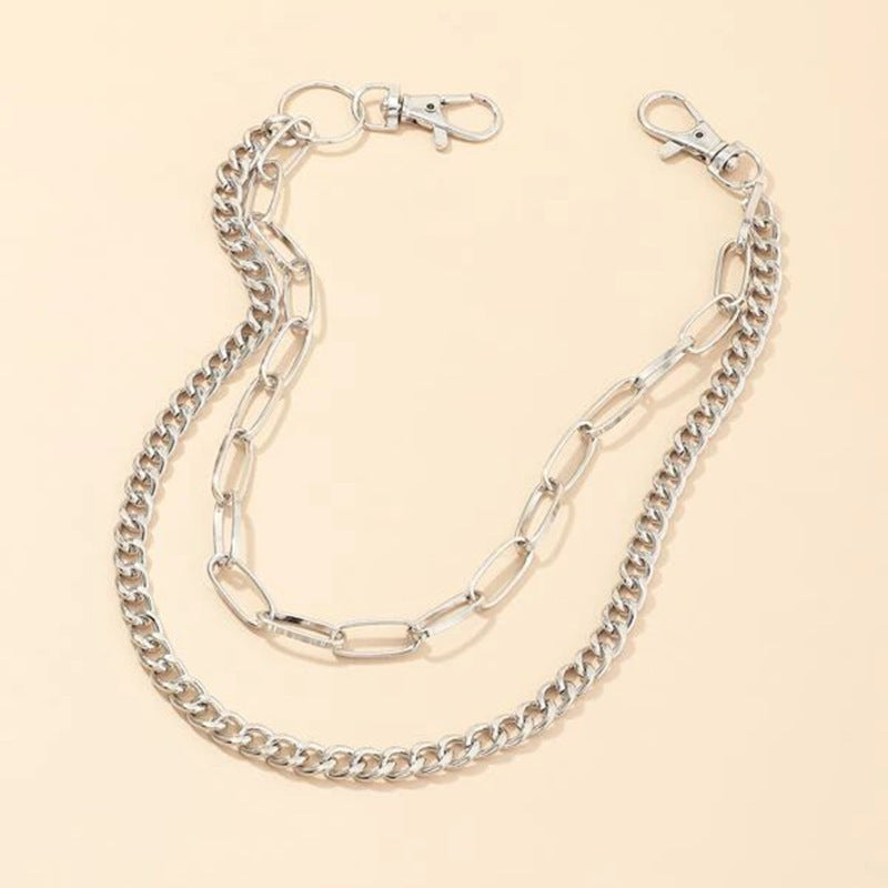 Cute Womens Silver Double Layers Pants Chains Silver Double Biker Wallet Chain With Big Ring For Women
