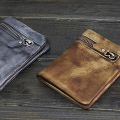 Handmade Men leather small wallet men vintage brown gray billfold wallet for him