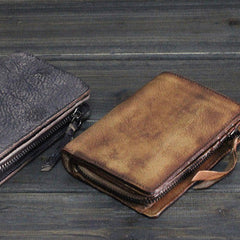 Handmade Vintage Leather Billfold Wallet for Men – Distressed Cowhide Zip Wallet, Brown & Gray