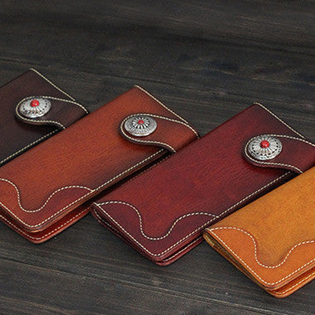 Handmade Men long leather wallet men vintage tan brown coffee wine wallet for him