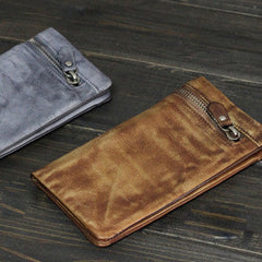 Handmade Men long leather wallet clutch men vintage gray brown wallet for him