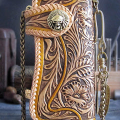 Handmade beige brown leather floral carved biker wallet Long wallet clutch for men