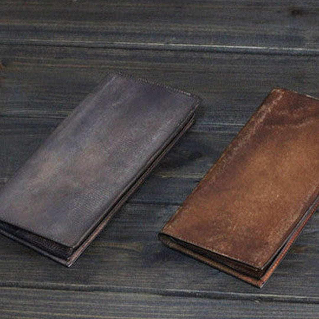 Handmade Mens long leather wallet men multi card vintage brown wallet for men