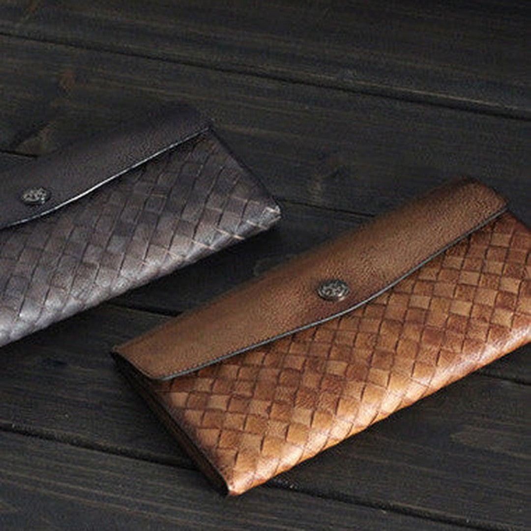 Handmade Mens long leather wallet multi card slots vintage brown gray wallet for men